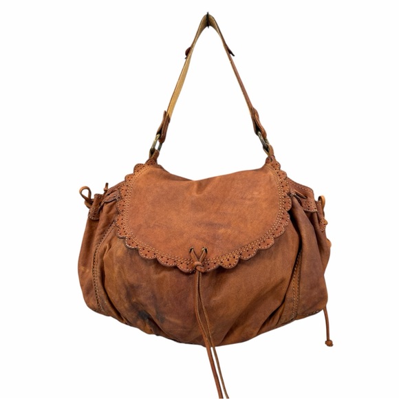Lucky Brand Handbags - Lucky Brand Distressed Lamb Leather Hobo Bag Brown Boho Scallop Trim Fringe Vntg